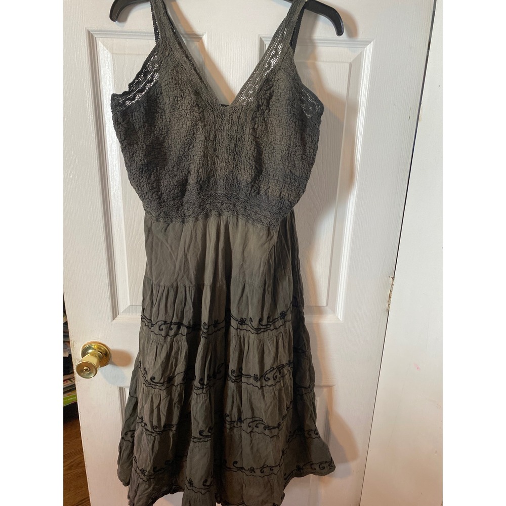 Krill Apparel Womens Cotton Tiered Midi Dress Smocked Bodice Boho Olive M/L